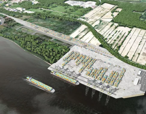 Rendu du futur terminal de conteneurs à Contrecœur pour l'Administration portuaire de Montréal (APM), un projet réalisé par le consortium CTC, composé de Pomerleau et Aecon.
