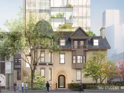 Rendering of the new Student Wellbeing Centre of the Toronto Metropolitan University, a mass timber construction project by Pomerleau