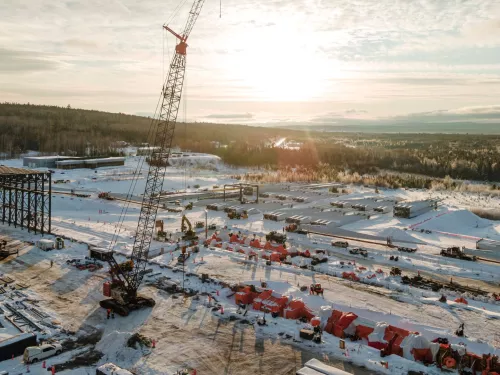 View of a Pomerleau construction site of a wind turbine blade factory in Gaspé, Quebec