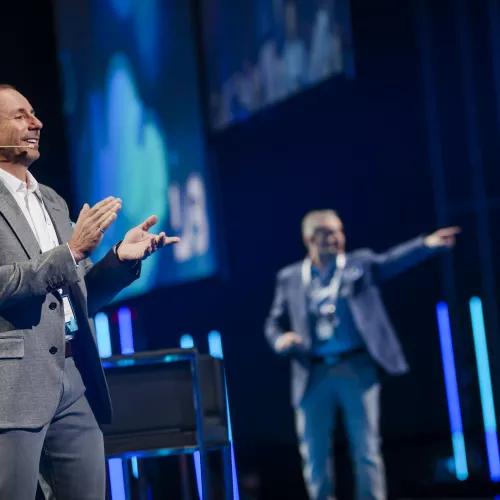 Pomerleau brothers on a stage