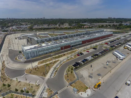 bird's eye view of a factory building and surrounding structure