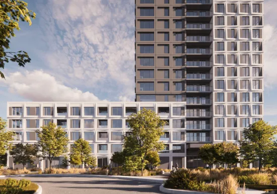 Rendu des nouveaux condos locatifs haut de gamme à L’Île-des-Sœurs, Evolo Flex, un projet de construction résidentielle par Pomerleau.