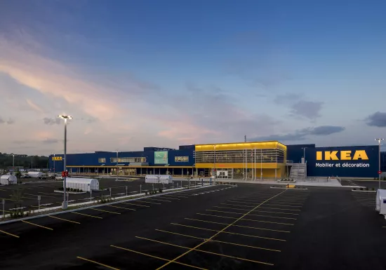 ikea and parking lot at sunset