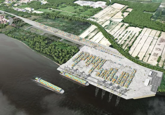 Rendu du futur terminal de conteneurs à Contrecœur pour l'Administration portuaire de Montréal (APM), un projet réalisé par le consortium CTC, composé de Pomerleau et Aecon.