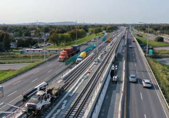 Construction of the REM project, a public transport project by Pomerleau showing the company's expertise in the construction of transport infrastructure