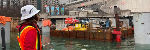 View from the water of the Jack Layton Ferry Terminal Shoreside Infrastructure in Toronto built by Pomerleau.