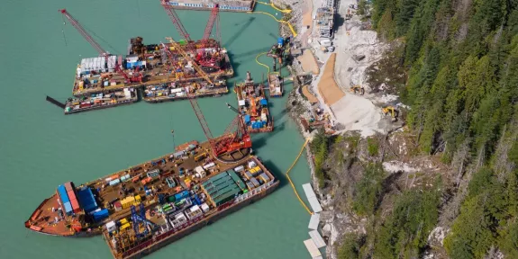 Construction of the Woodfibre LNG project by Pomerleau, a natural gas facility in British Columbia.
