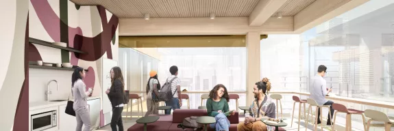 Interior rendering of the new Student Wellness Centre at Toronto Metropolitan University built by Pomerleau