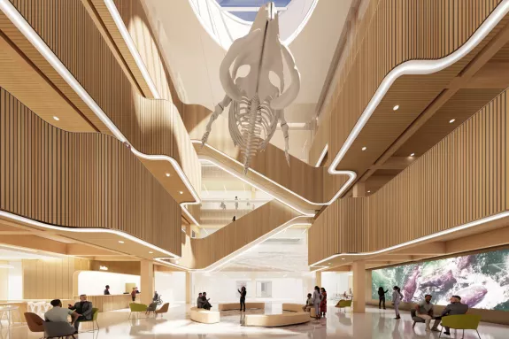 Interior Rendering of the Atlantic Science Enterprise Centre (ASEC) project in Moncton, an institutional construction project by Pomerleau | Rendu de l'intérieur du Centre d’entreprise des sciences de l’Atlantique (CESA) à Moncton, un projet de construction institutionnelle de Pomerleau