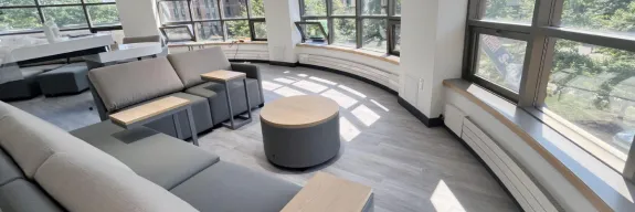 Interior of the lounge of the newly renovated Mount Allison University Harper Hall student residence in New-Brunswick by Pomerleau.