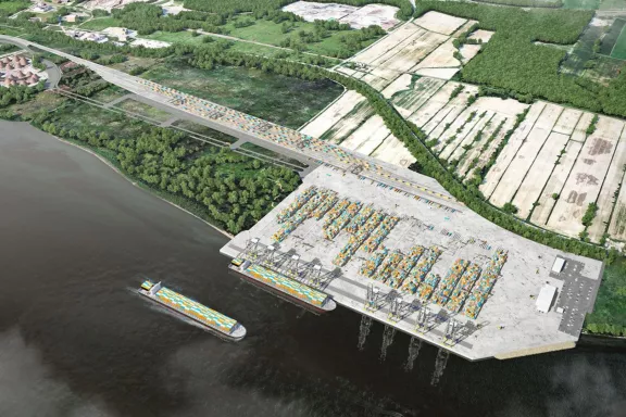 Rendu du futur terminal de conteneurs à Contrecœur pour l'Administration portuaire de Montréal (APM), un projet réalisé par le consortium CTC, composé de Pomerleau et Aecon.