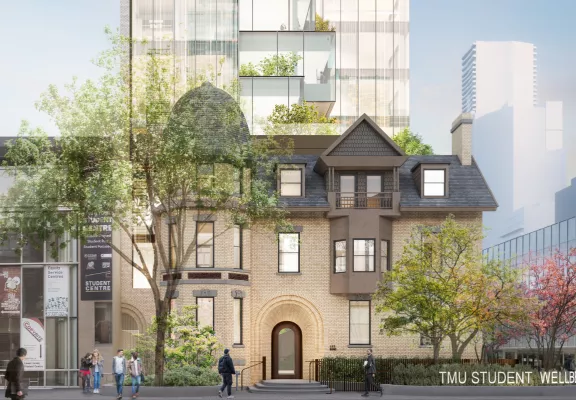 Rendering of the new Student Wellbeing Centre of the Toronto Metropolitan University, a mass timber construction project by Pomerleau