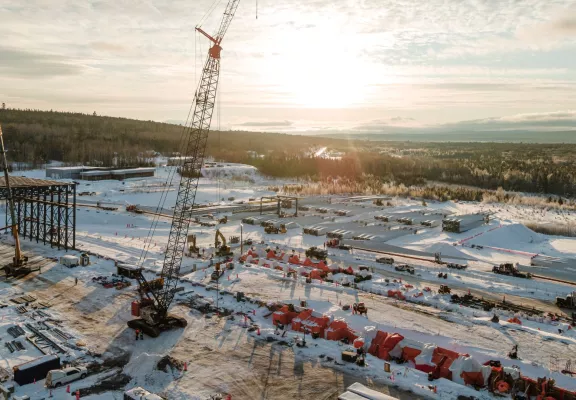 View of a Pomerleau construction site of a wind turbine blade factory in Gaspé, Quebec