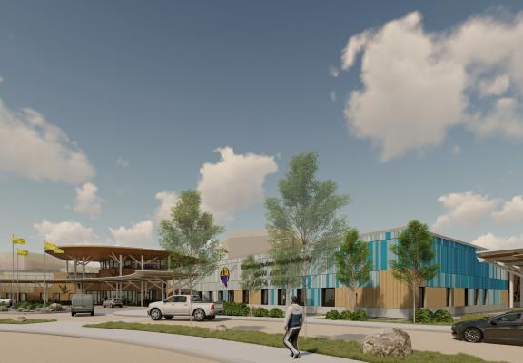 A render of WAHA new hospital campus in Moosonee (main entrance)