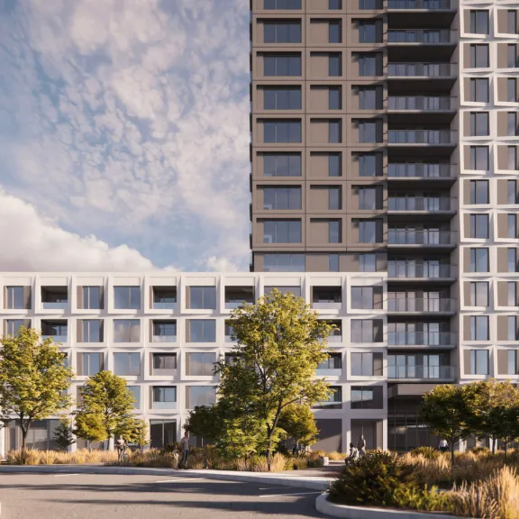 Rendu des nouveaux condos locatifs haut de gamme à L’Île-des-Sœurs, Evolo Flex, un projet de construction résidentielle par Pomerleau.