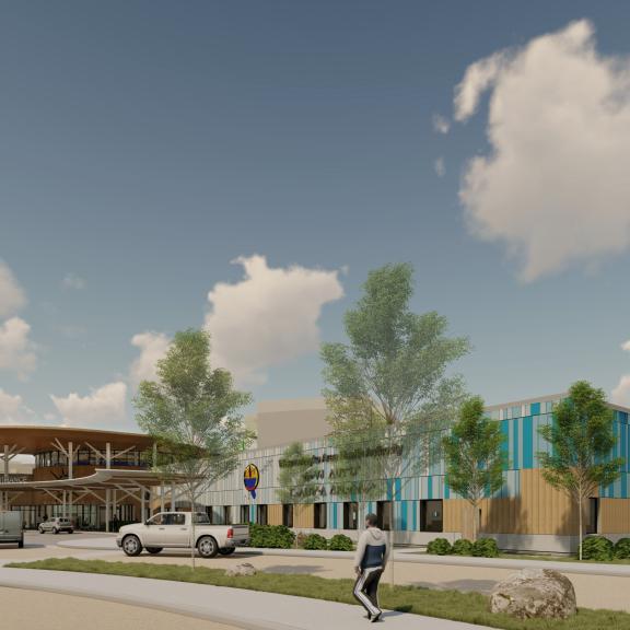 A render of WAHA new hospital campus in Moosonee (main entrance)