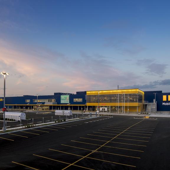 ikea and parking lot at sunset