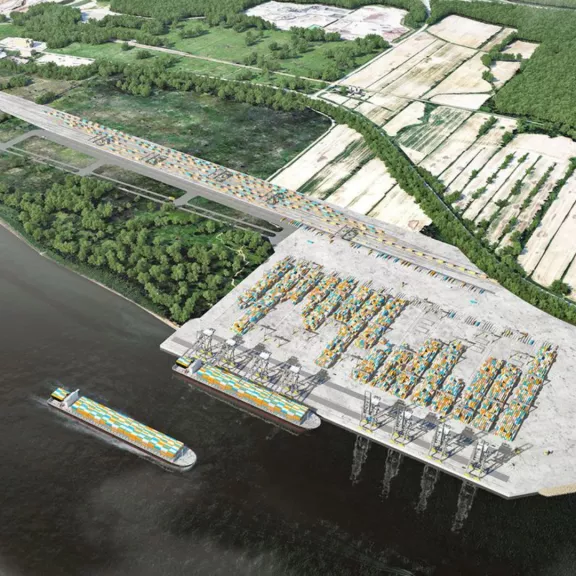 Rendu du futur terminal de conteneurs à Contrecœur pour l'Administration portuaire de Montréal (APM), un projet réalisé par le consortium CTC, composé de Pomerleau et Aecon.