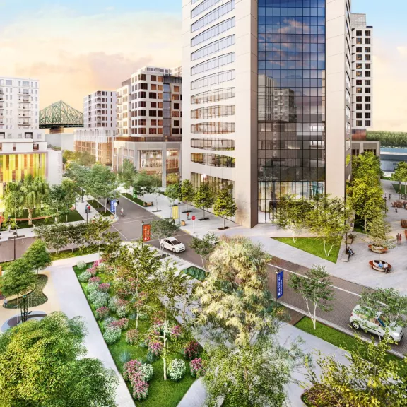 Perspective et rendu du design du projet Quartier des lumières à Montréal par Pomerleau