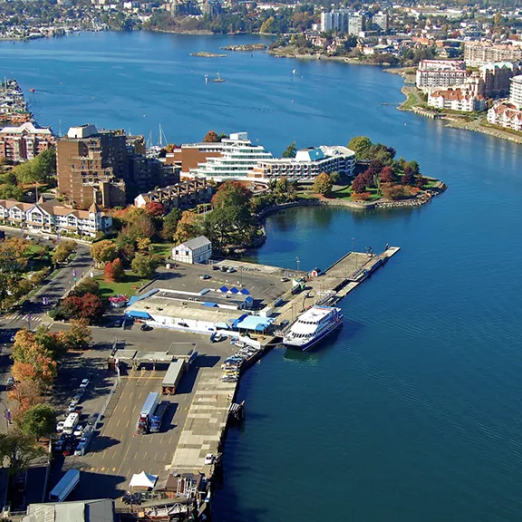 Aerial view of the Belleville terminal site in Victoria's Harbour redeveloped by Pomerleau
