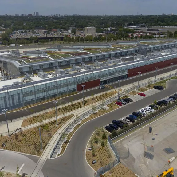 Drone shot of Leslie Barns Maintenance and Service Centre
