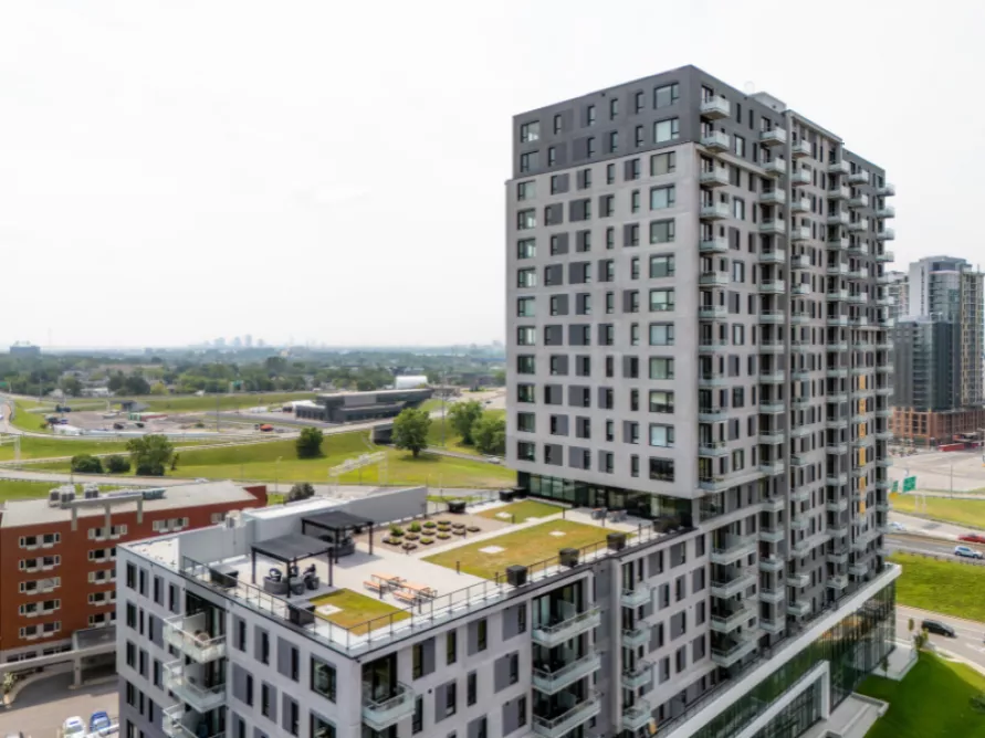 The construction site of the Novia Residences Phases I & 2 in Longueuil, Quebec, an example of a residential construction project built by Pomerleau.